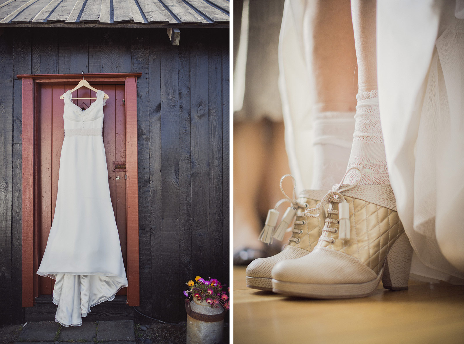 A wedding dress hanging in front of a door.