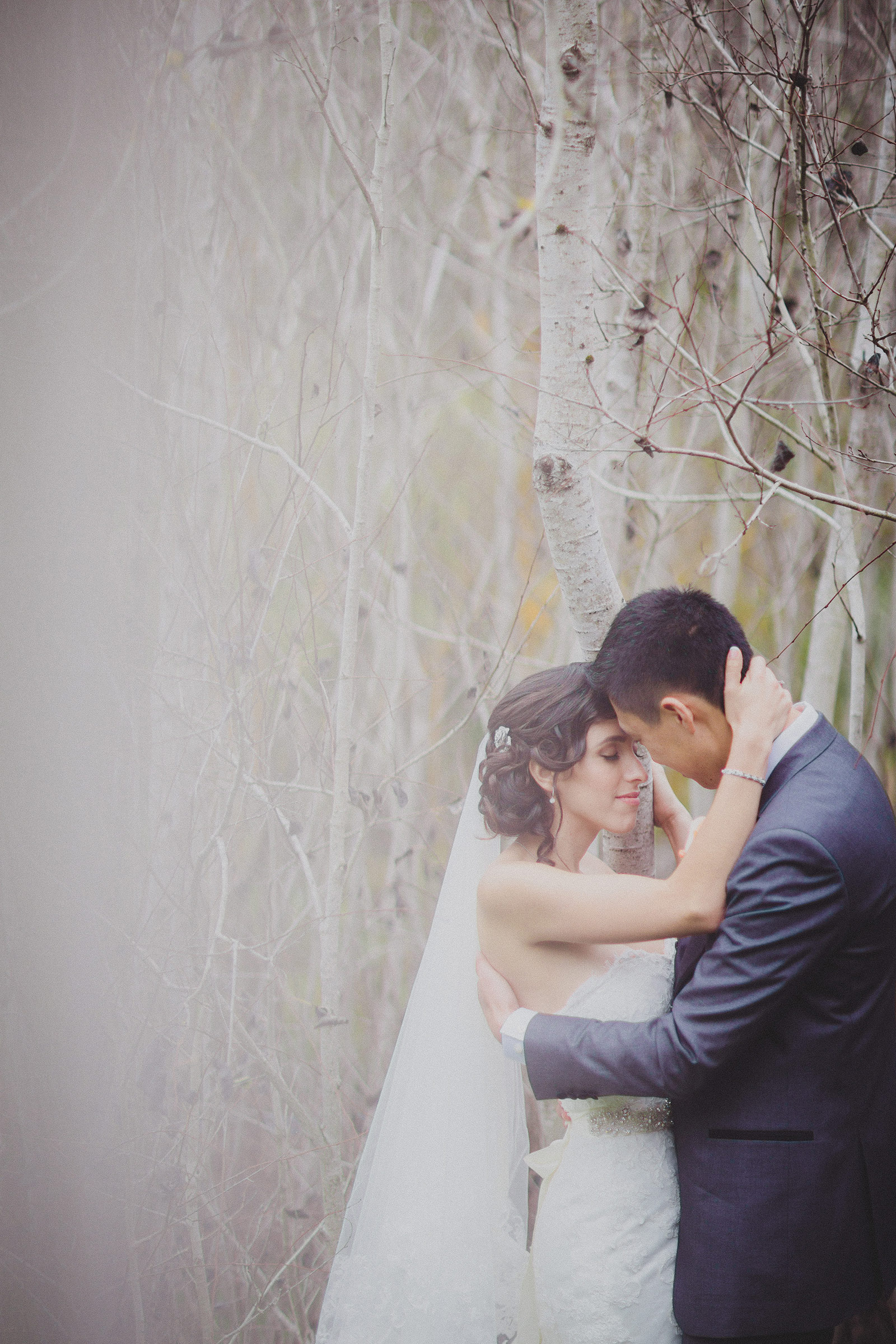 A bride and groom embracing in front of trees.